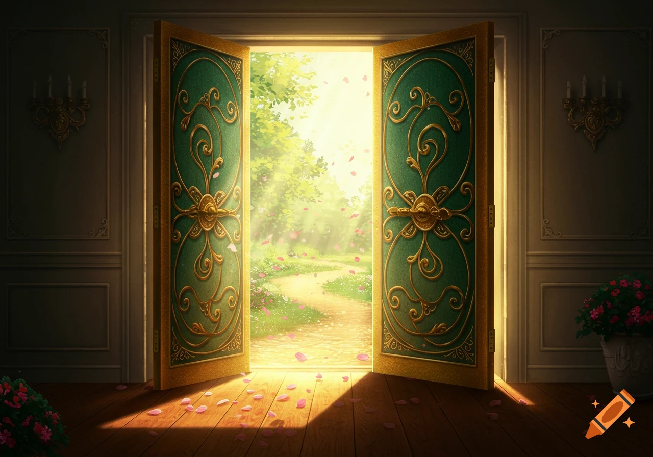 Ornate green and gold doors open into a bright, sunlit garden path with pink petals, from a dark interior with wooden floors.