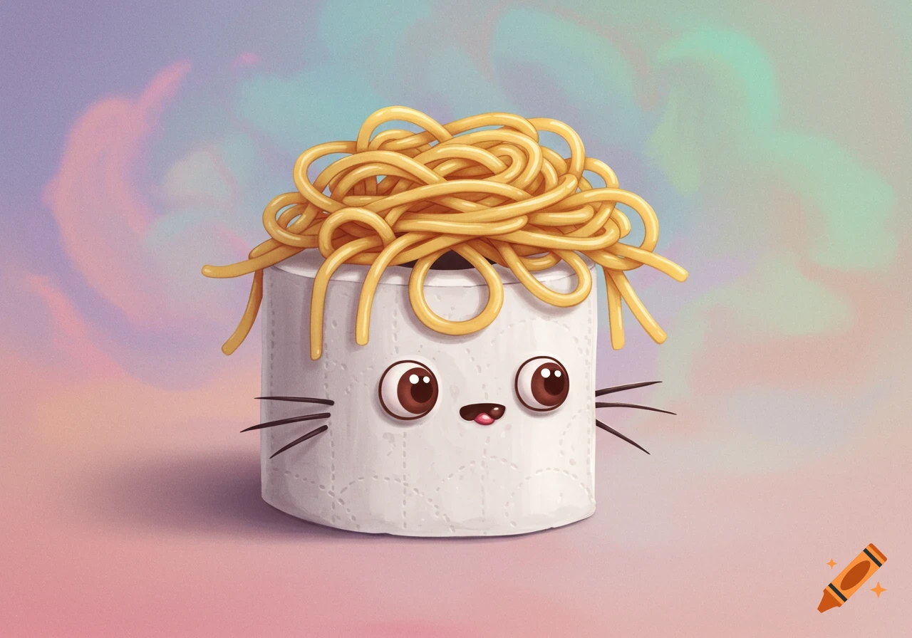 Cartoon toilet paper roll with big eyes, whiskers, a pink mouth, and a mop of spaghetti for hair against a colorful background.