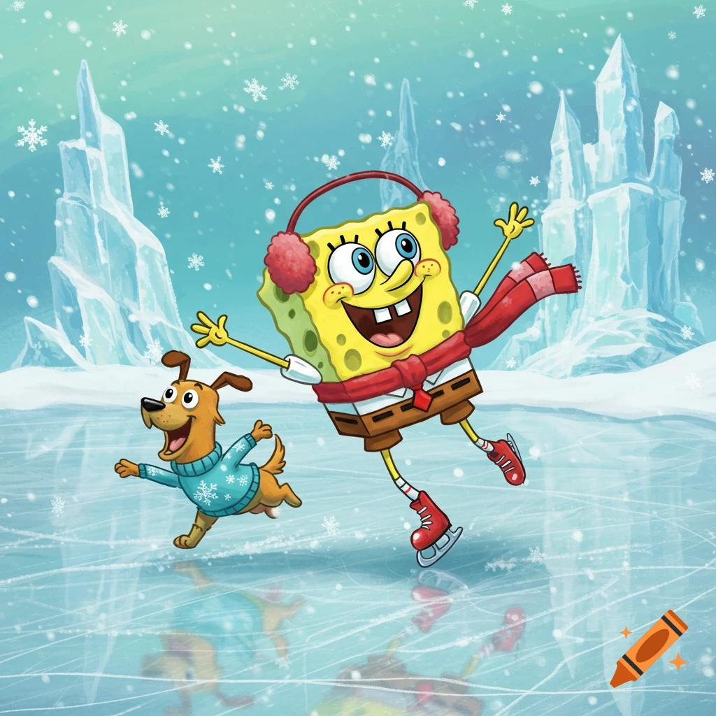 SpongeBob SquarePants and a brown dog ice skate on a frozen pond in a snowy, cartoon winter scene.