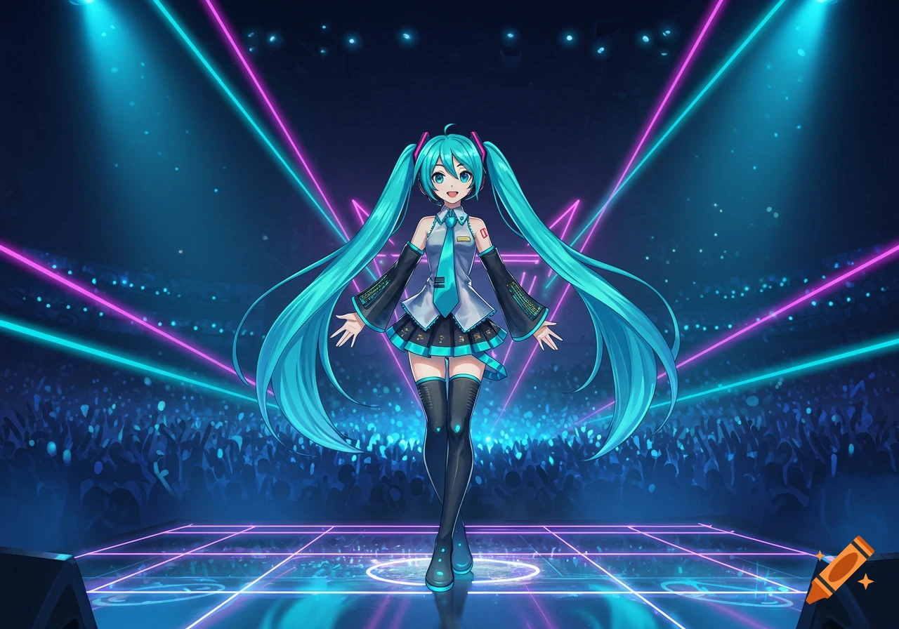 Hatsune Miku performs on a futuristic concert stage with blue and pink neon lights, in an anime style.