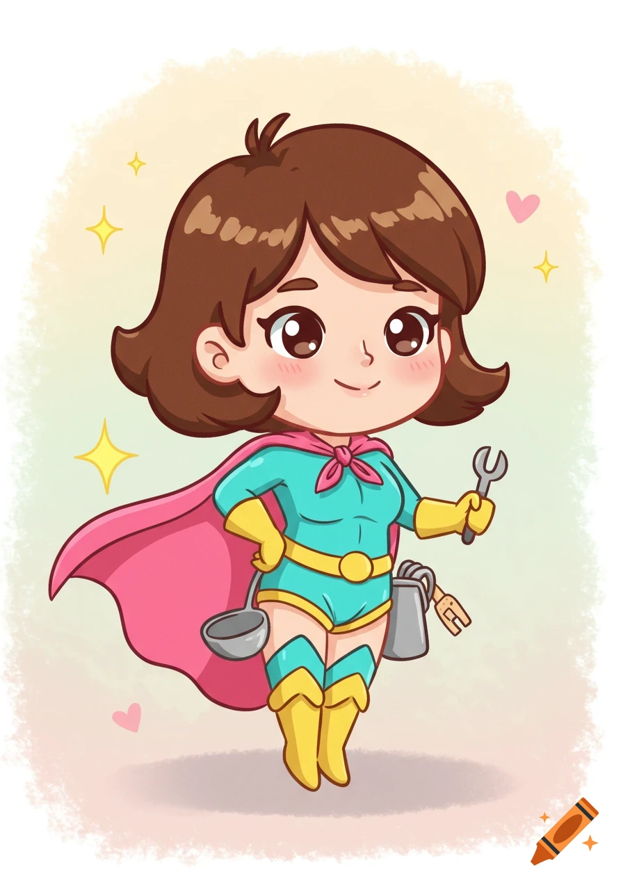 Cute chibi cartoon female superhero in a turquoise suit and pink cape, holding a wrench and ladle.