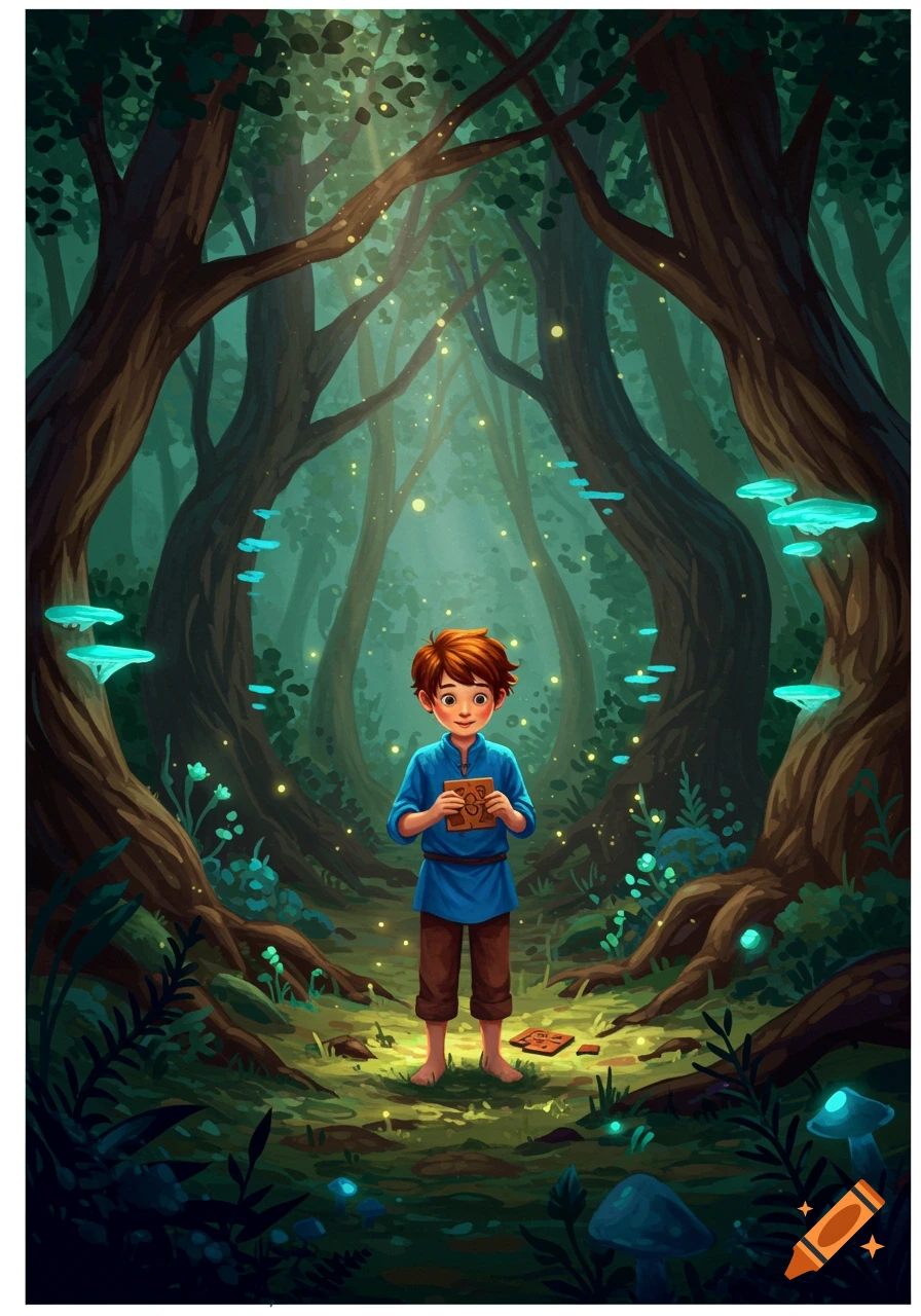 Smiling boy in a blue tunic holding a small object, standing in an enchanted forest with glowing mushrooms and fireflies, illustration style.