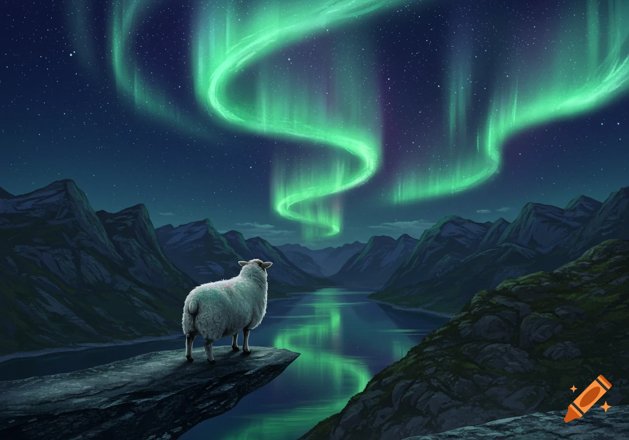 A white sheep stands on a cliff edge, looking at green aurora borealis reflecting on a fjord surrounded by dark mountains. Stylized art.