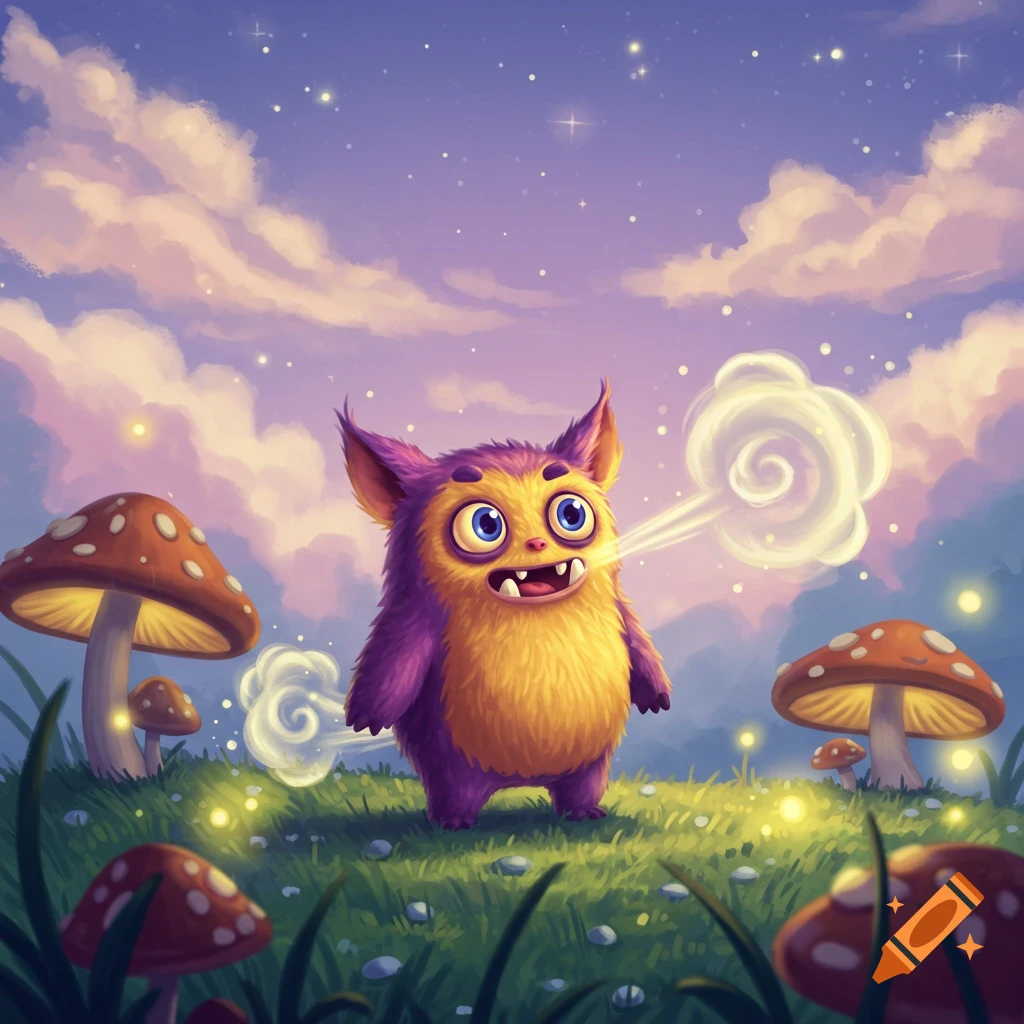 A cute, fluffy purple and yellow monster with big blue eyes exhaling a cloud, standing in a field with spotted mushrooms under a starry, cloudy sky.