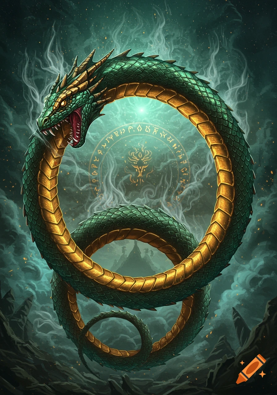 Green and gold Ouroboros dragon eating its tail amidst glowing green energy and symbols in a dark, mystical setting.