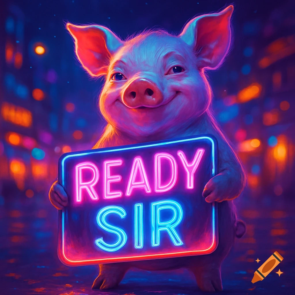 A smiling pig holding a glowing neon sign that reads 'READY SIR' in a futuristic, neon-lit city at night.