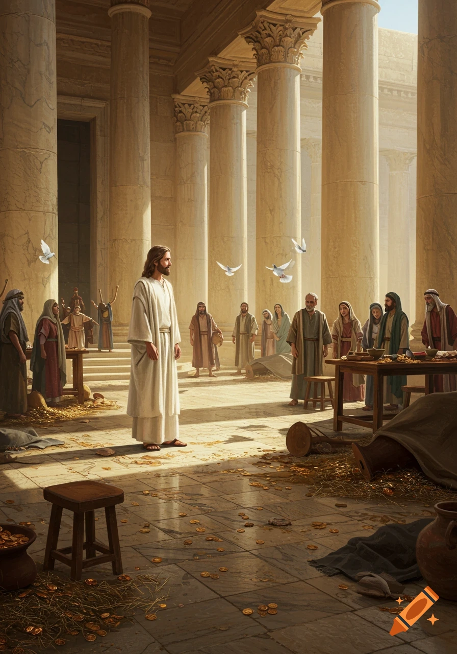 Realistic painting of Jesus in a grand temple, standing among scattered coins, overturned tables, and various people.