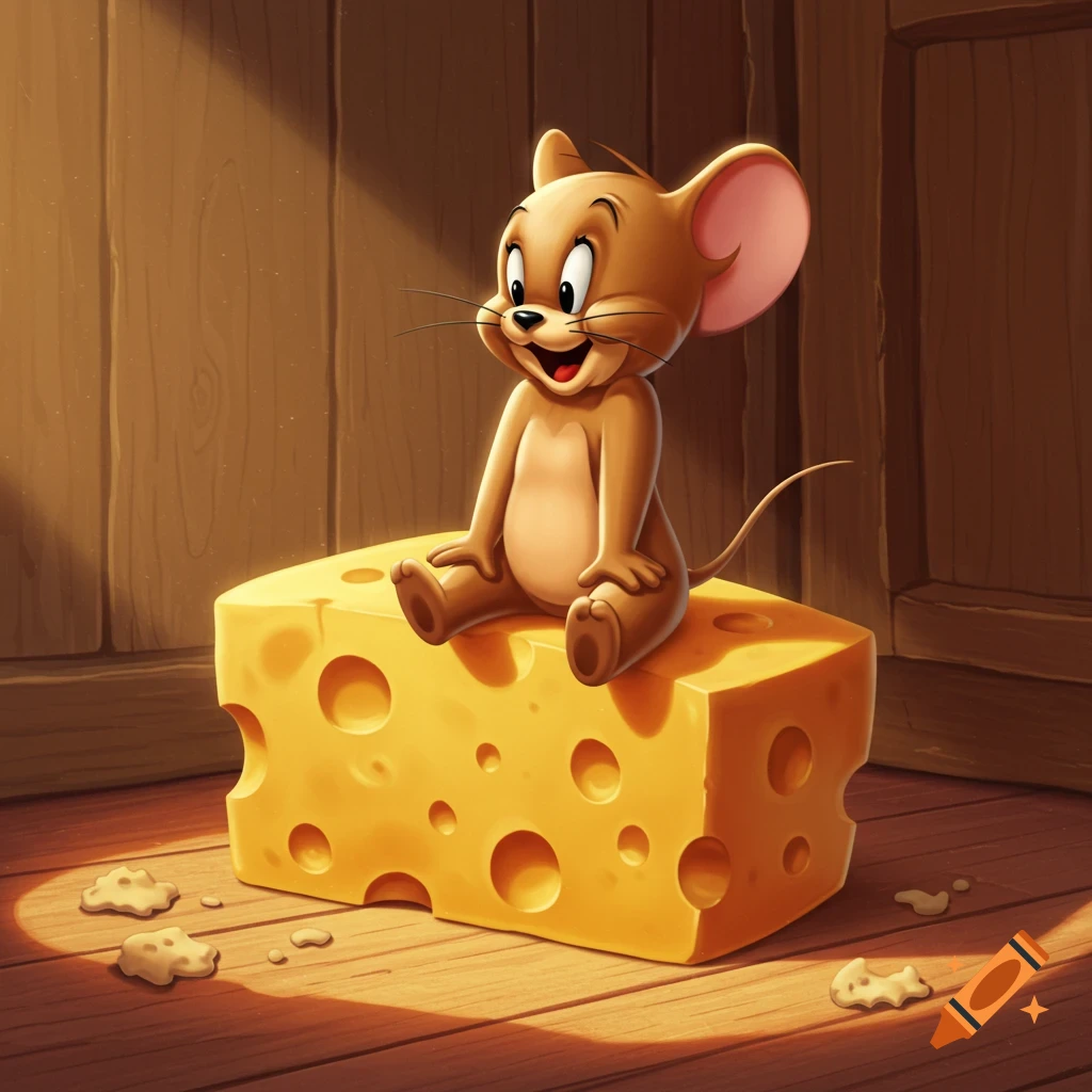 Cartoon Jerry Mouse sitting on a large block of Swiss cheese on a wooden floor.