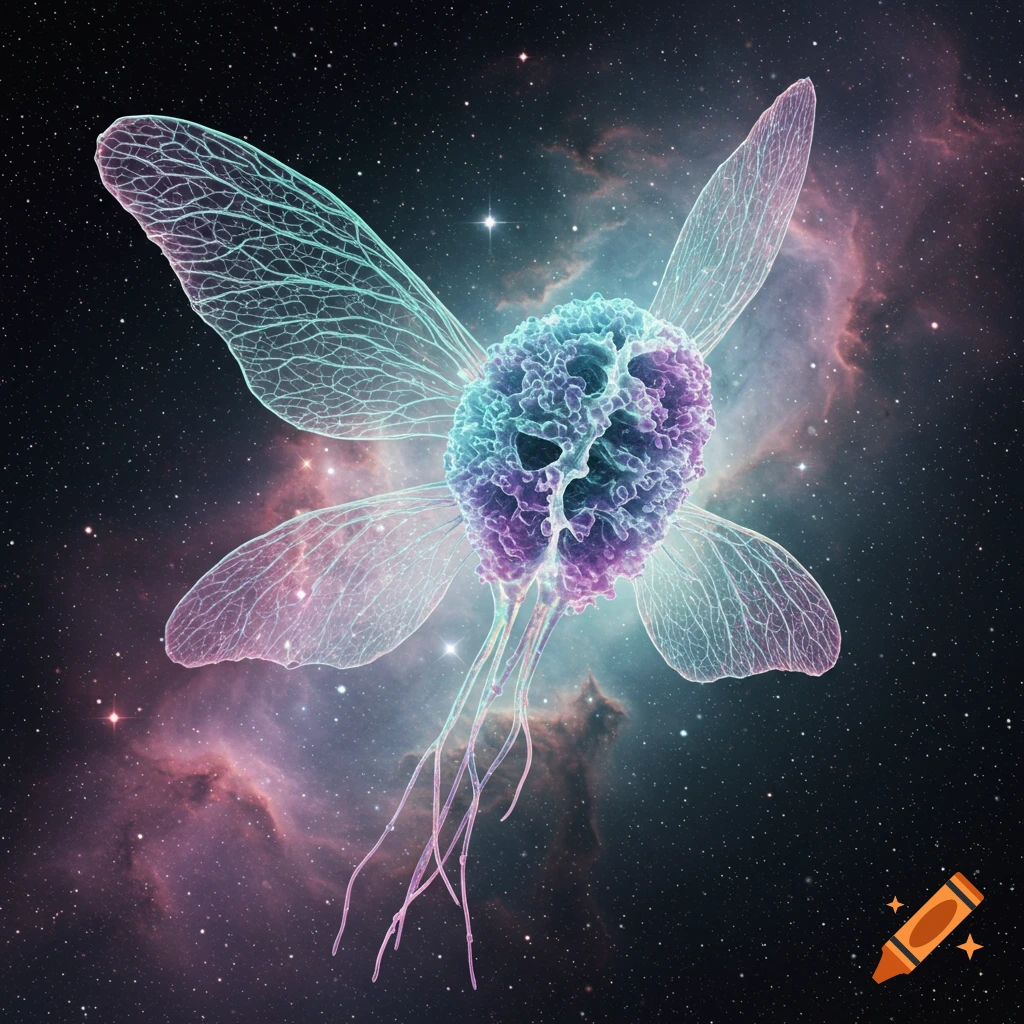 A colorful, intricate, bioluminescent microscopic organism with delicate, veined wings floats in a starry cosmic nebula.