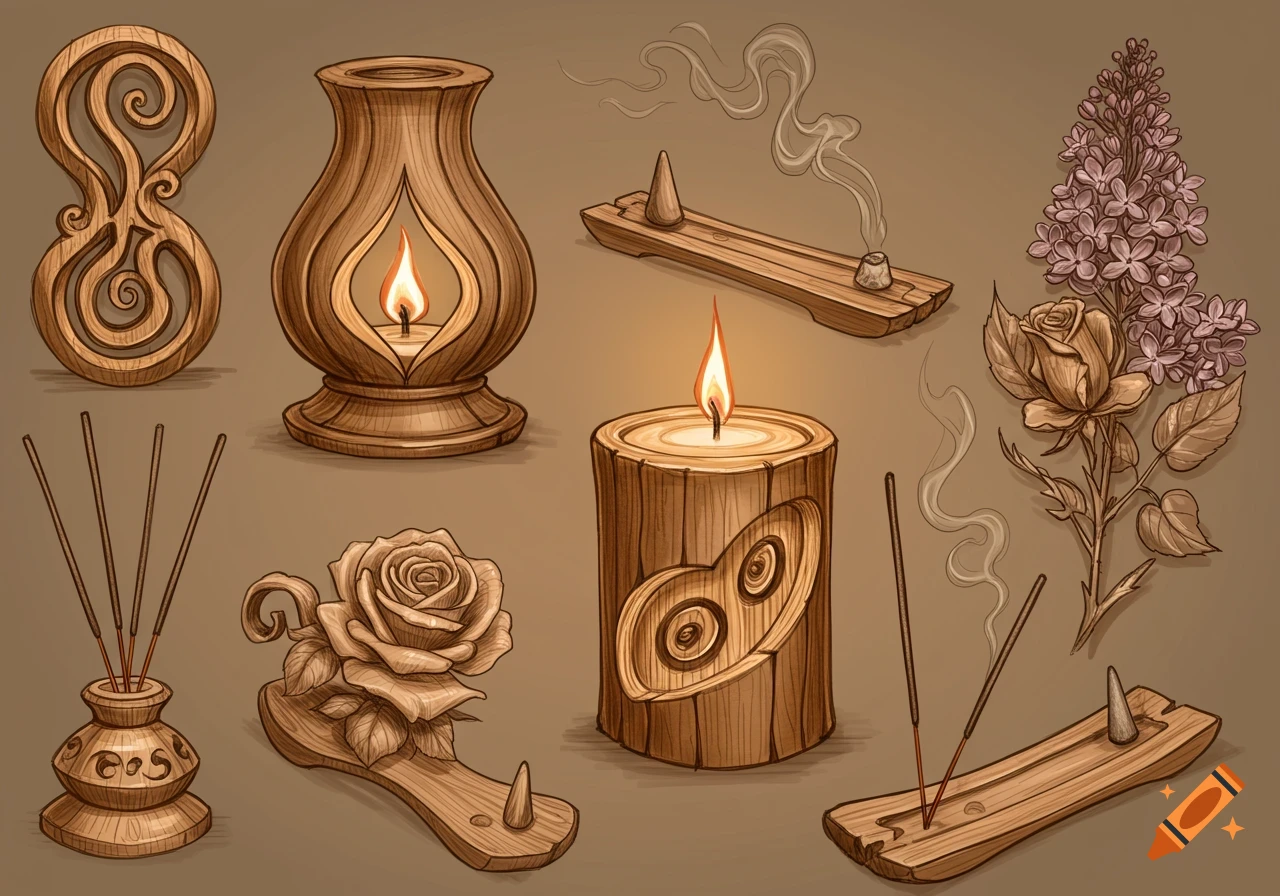 Illustration of various wooden carved aromatherapy items including incense holders, candles, and decorative flowers like a rose and lilac.