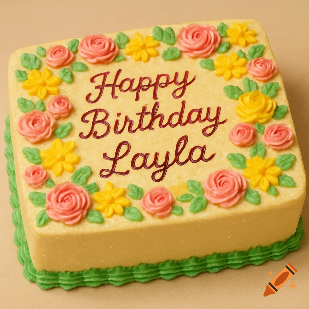A light yellow rectangular birthday cake decorated with pink, yellow, and green icing flowers and green frosting on the bottom, with 'Happy Birthday Layla' written on top.