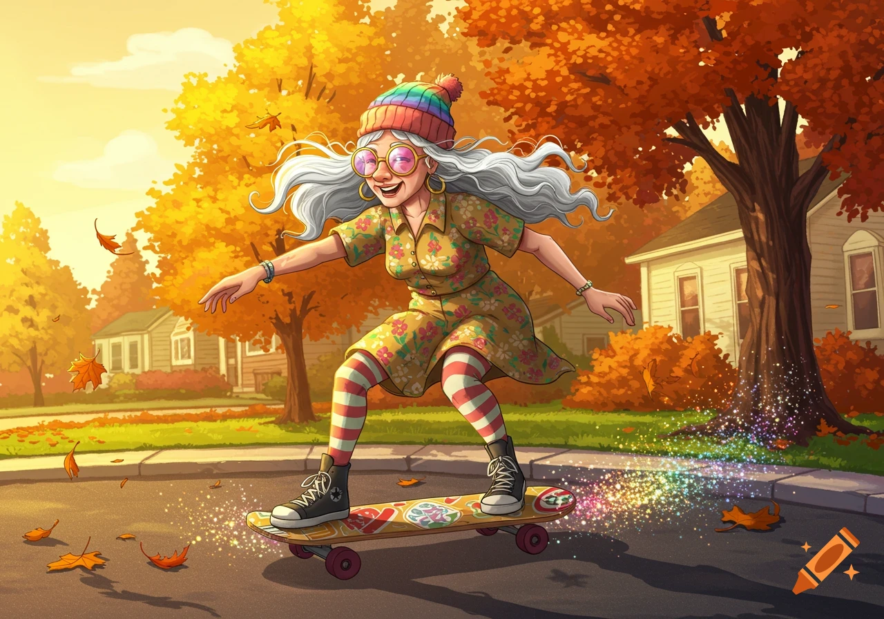 A cheerful, white-haired grandma in a rainbow hat and floral dress skateboards down an autumn street, leaving a trail of glitter.