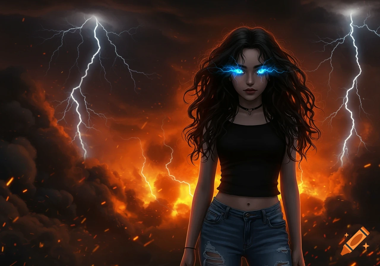 A girl with electric blue eyes, wavy black hair, black top, and ripped jeans stands before a stormy sky with lightning and fire. Digital art.