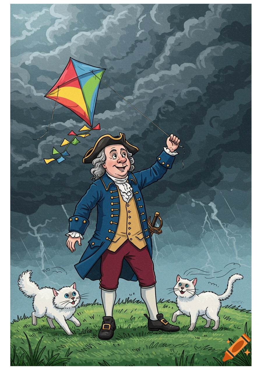 Whimsical cartoon of Benjamin Franklin flying a colorful kite in a stormy sky, with two white cats.
