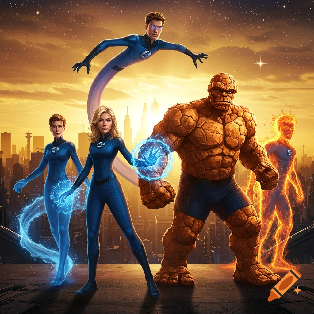 The Fantastic Four stand on a rooftop overlooking a city skyline at sunset, ready for action in a dynamic, illustrative style.