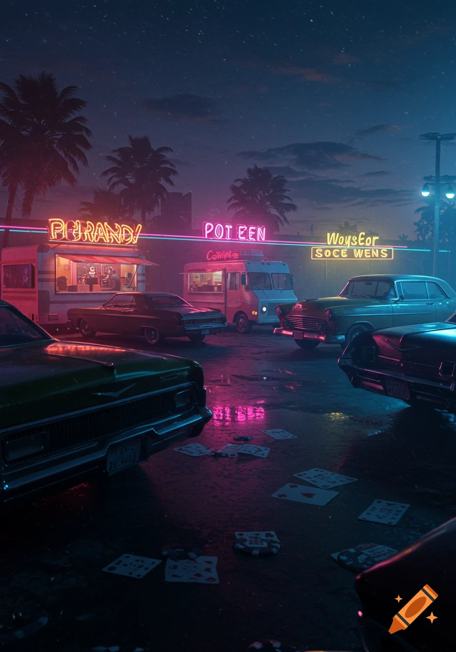 Classic cars and food trucks illuminate a wet parking lot at night with neon signs and scattered playing cards, in a vaporwave style.