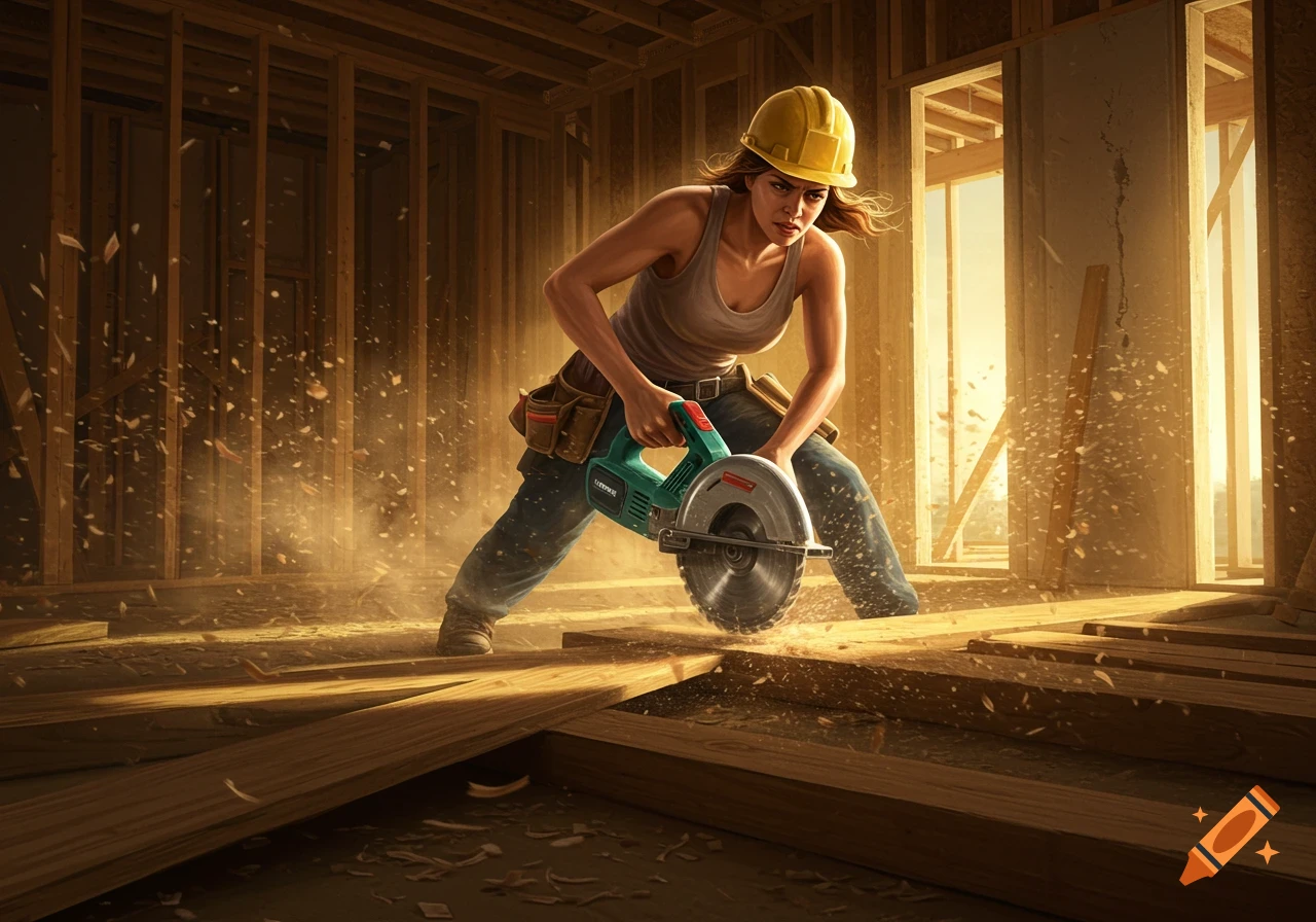 A strong female construction worker in a hard hat uses an electric saw to cut floor joists, creating a shower of wood chips in a dusty, sunlit framing.