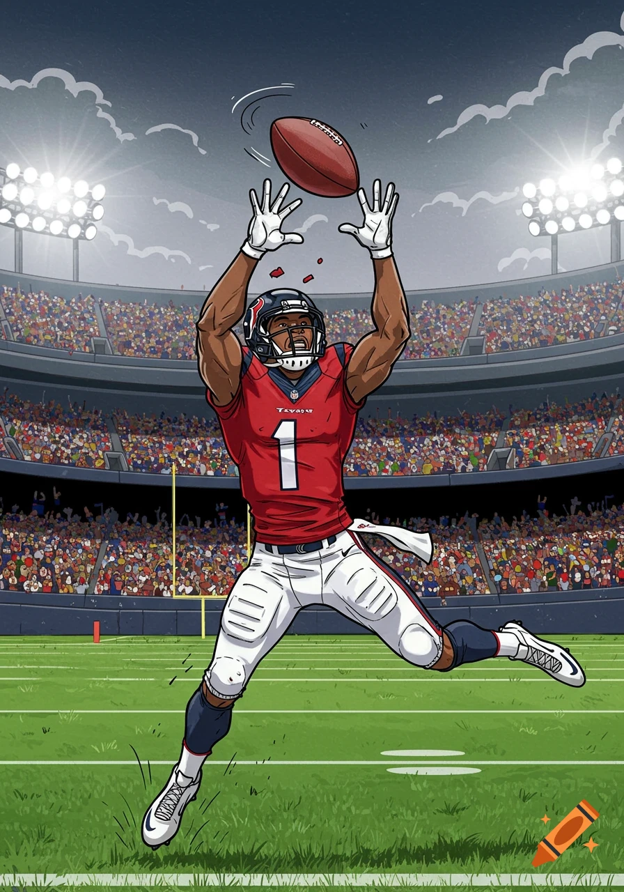 Cartoon of a Houston Texans football player in a stadium, stretching to catch a football that is slipping away.