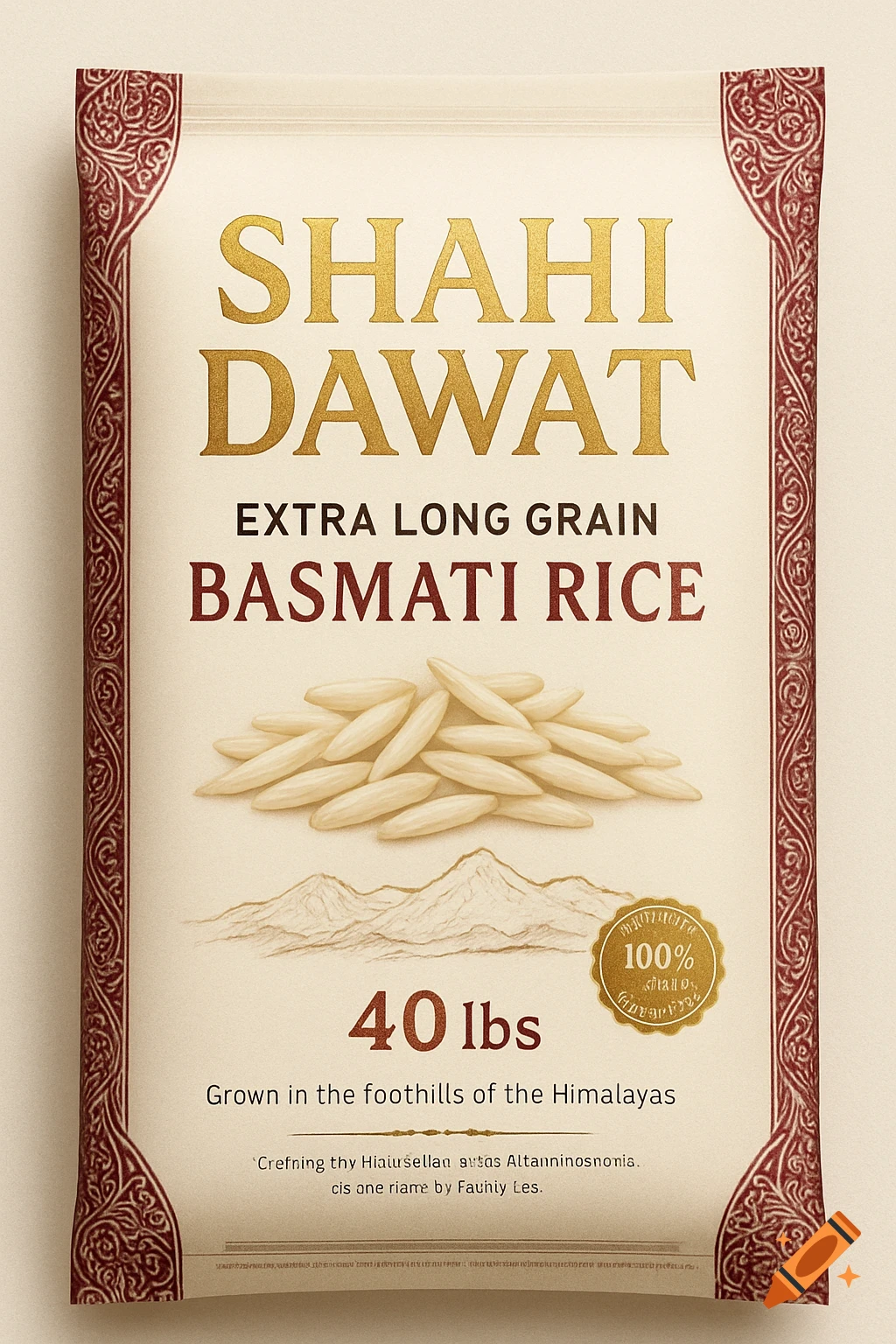 An elegant packaging design for Shahi Dawat Extra Long Grain Basmati Rice, featuring gold and maroon text on a cream background, with illustrations of rice grains and the Himalayas.