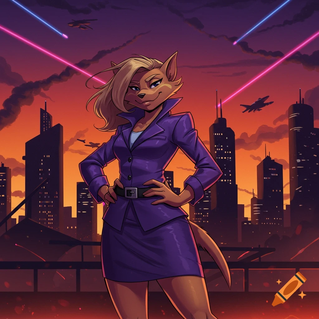 A stylized anthropomorphic cat woman in a purple suit stands hands on hips against a city skyline at sunset with laser beams and jets.
