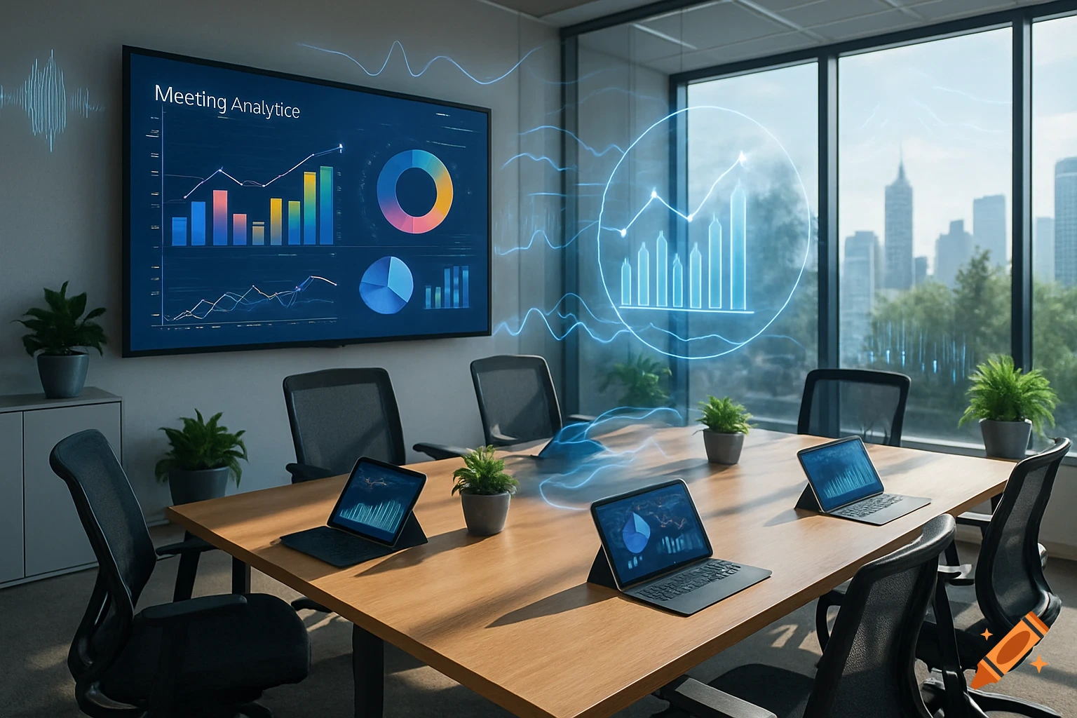 Modern conference room with a large screen displaying data charts, glowing lines, and laptops on a wooden table, cityscape view outside.