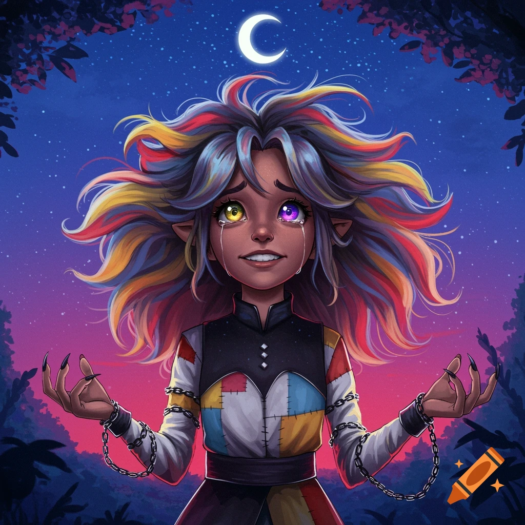An elf-like girl with vibrant multi-colored hair and heterochromia cries, wearing a patchwork shirt and chained wrists under a starry night sky with a crescent moon.