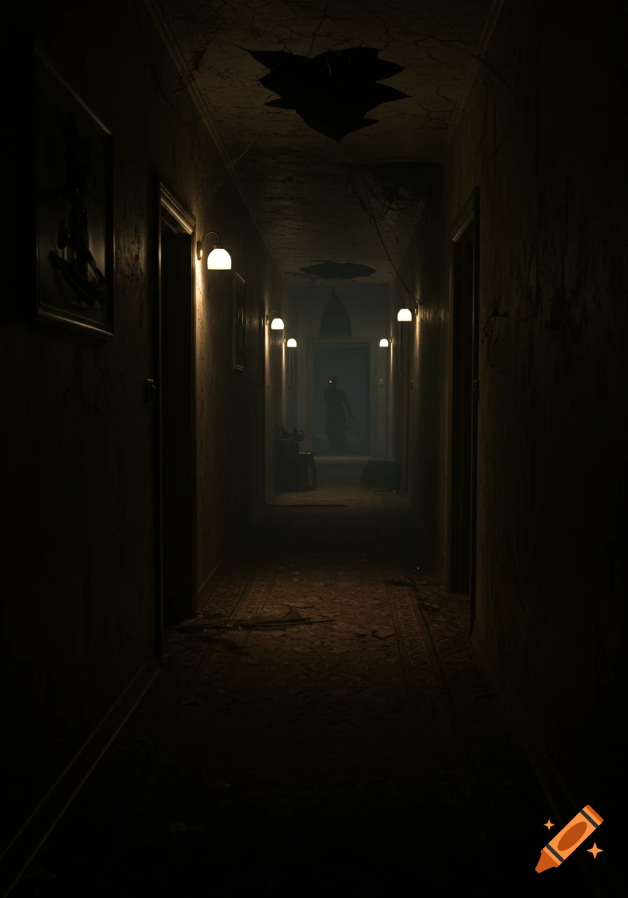 A dark, eerie apartment hallway at night with dim wall lights, a cracked ceiling, and a shadowy figure with glowing eyes in the distance.
