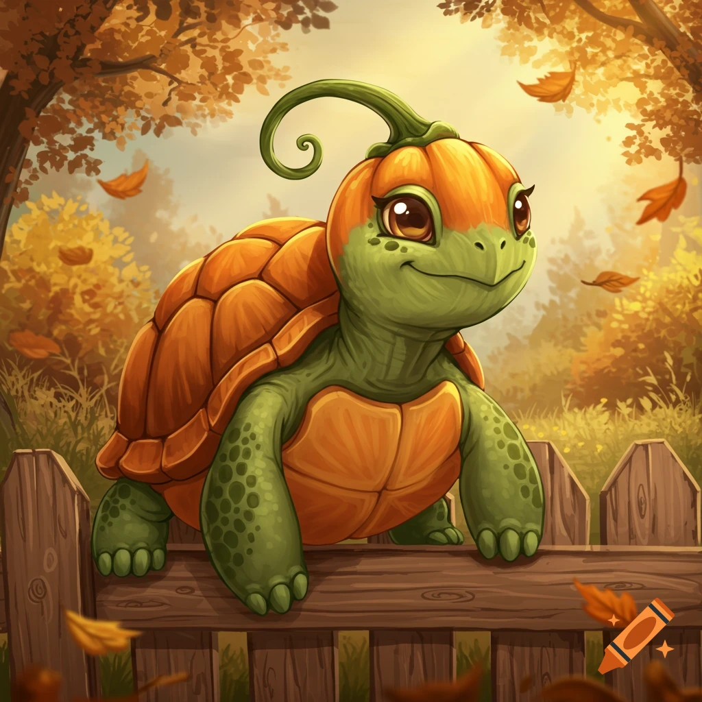A cute, green cartoon turtle with an orange pumpkin for a head and shell stands on a wooden fence in an autumn forest with falling leaves.