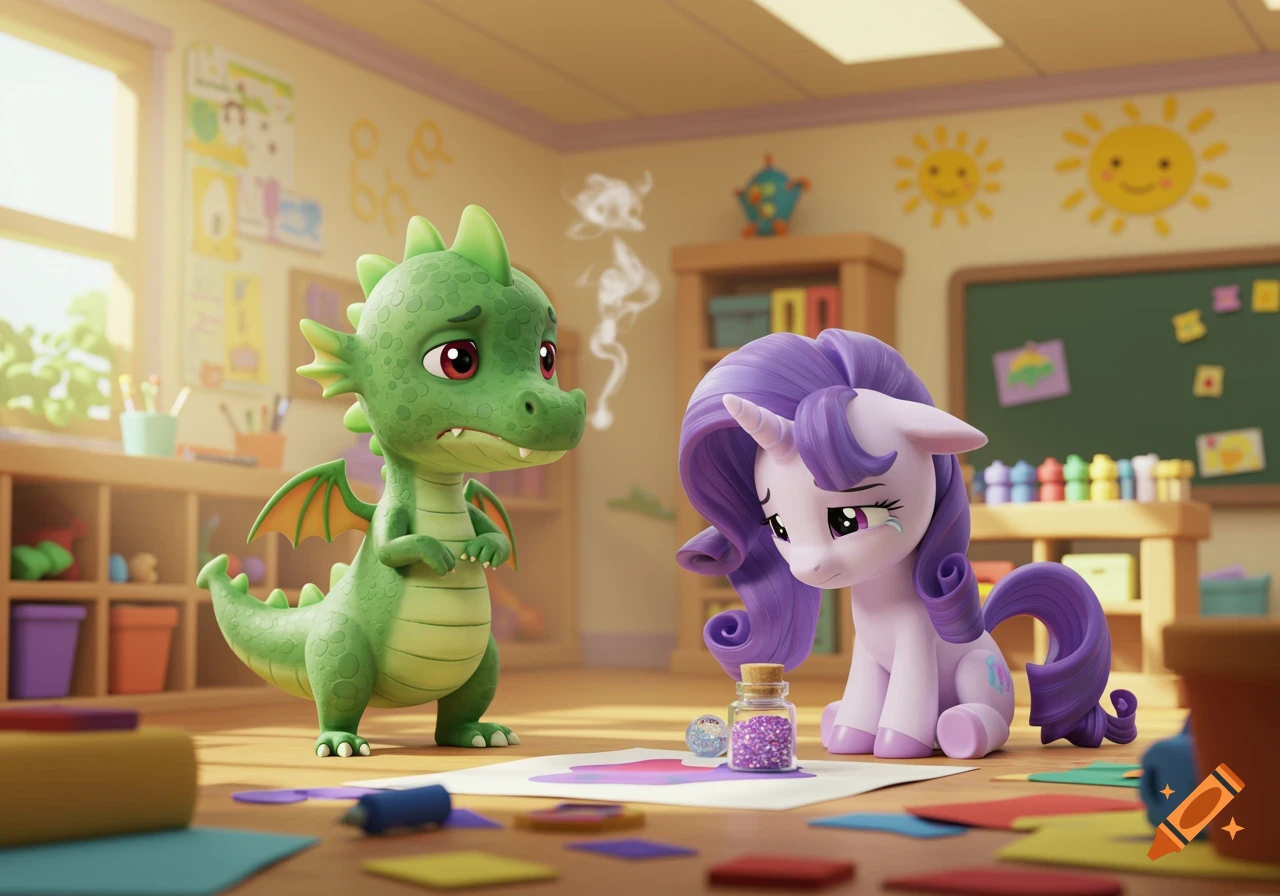 A green cartoon dragon frowns at a sad purple unicorn holding a bottle of glitter in a brightly lit kindergarten classroom.