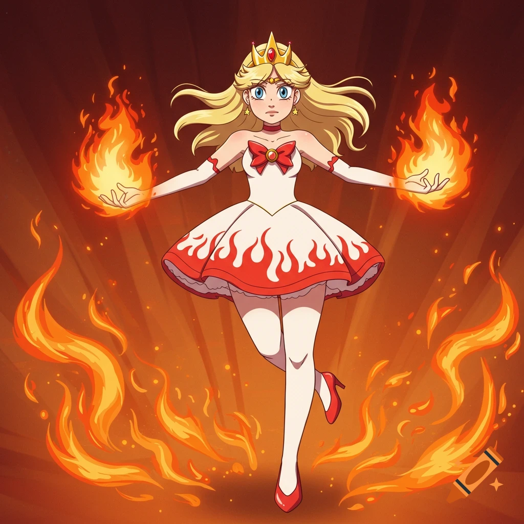Anime Star Butterfly princess in a white dress with red flames, wielding fire magic.