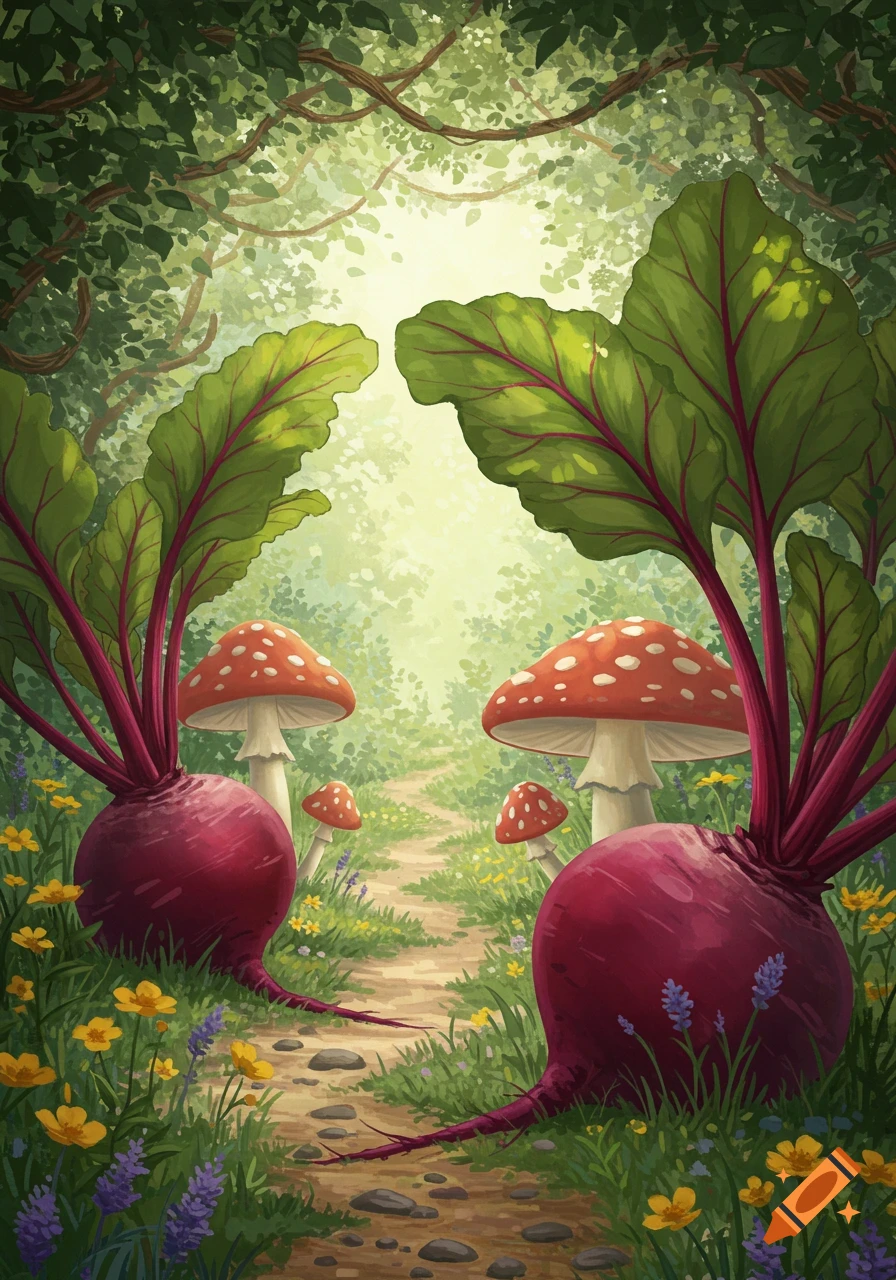 Whimsical illustration of a forest path flanked by oversized beets and red-capped mushrooms among wildflowers and green foliage.