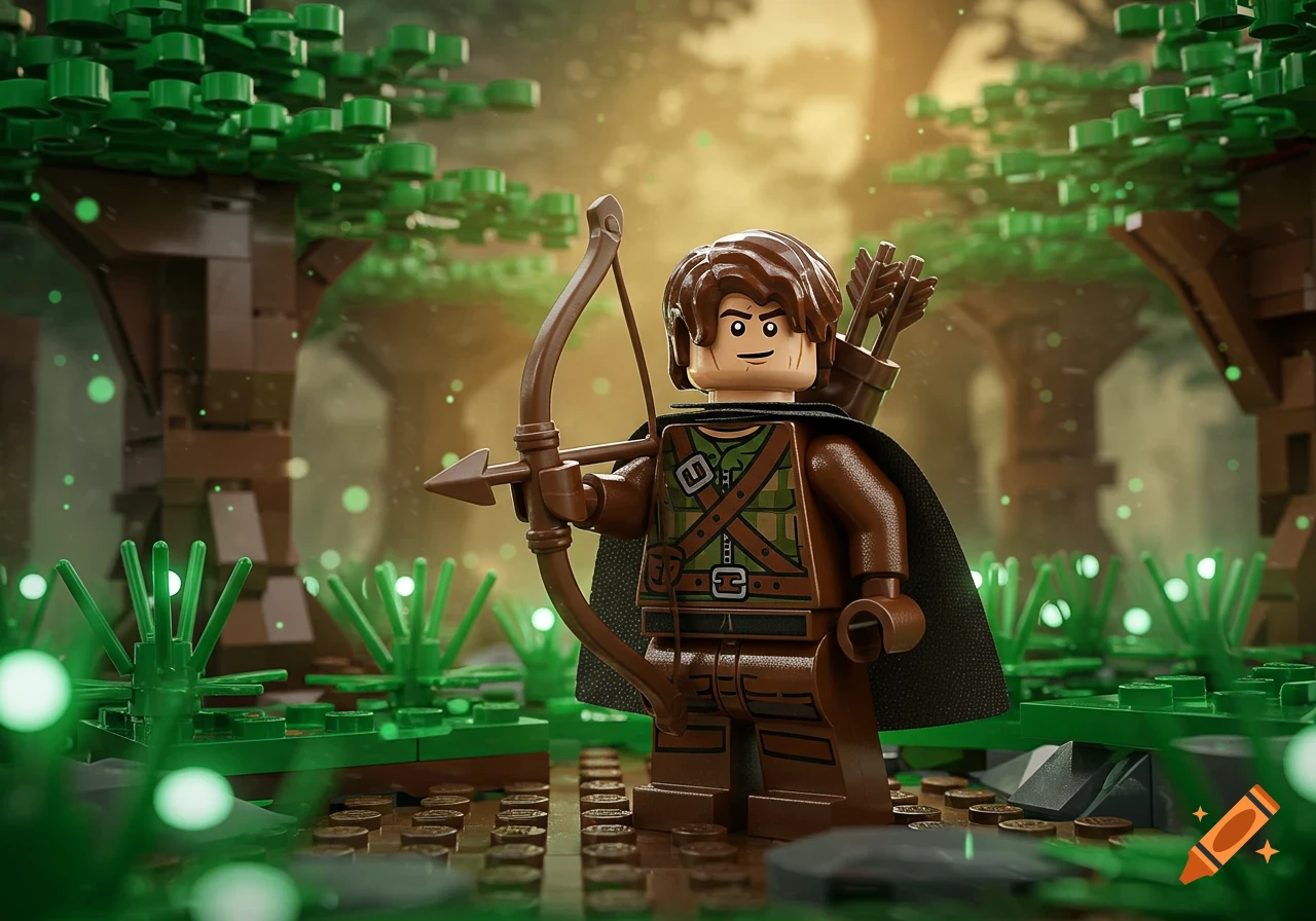 A Lego ranger minifigure, clad in brown and green, holds a bow and quiver in a magical forest with glowing green lights.