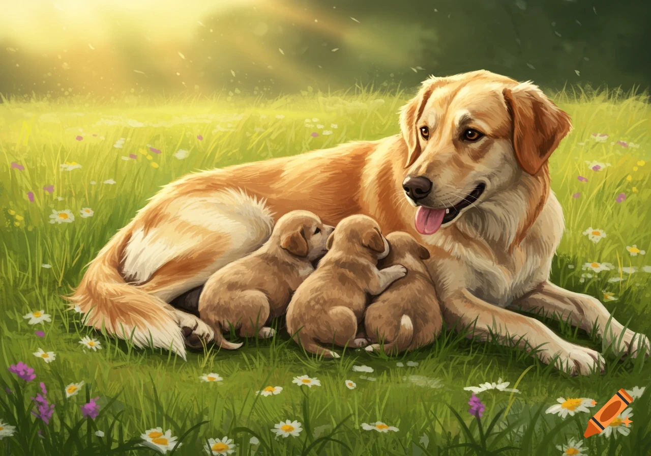 Illustrative image of a mother golden retriever and her three puppies lying in a sunny, flowery green field.