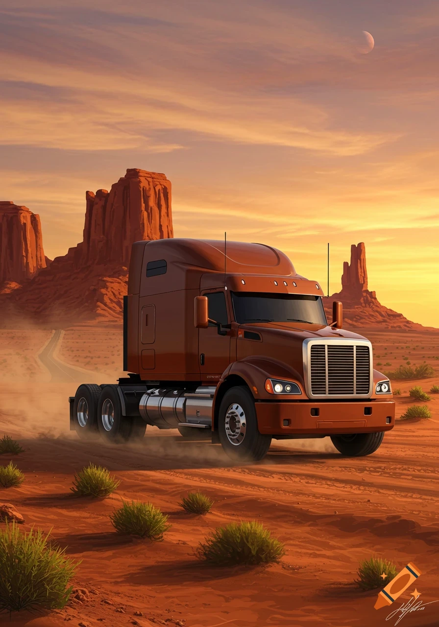 A brown semi-truck drives through a dusty desert landscape with large red rock formations under an orange sunset sky and a crescent moon.