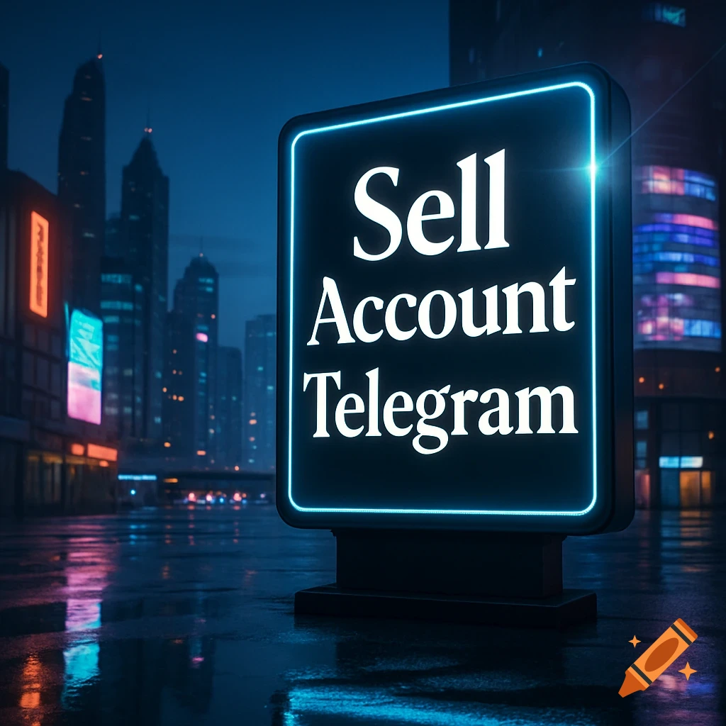 Photorealistic image of a glowing neon sign displaying 'Sell Account Telegram' on a wet street in a dark city at night.