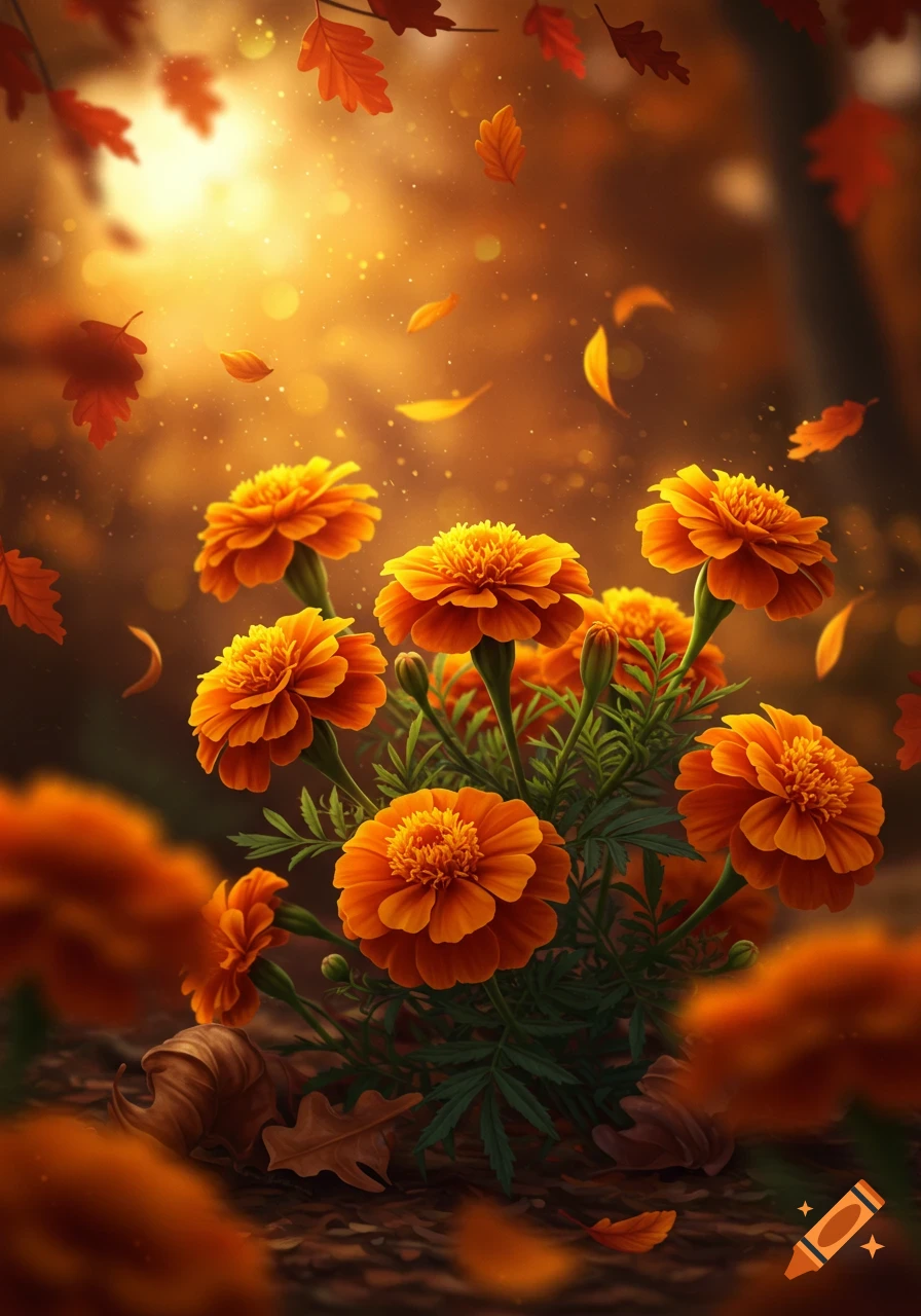 Close-up of vibrant orange marigold flowers blooming in an autumn forest with falling leaves and glowing sunlight.