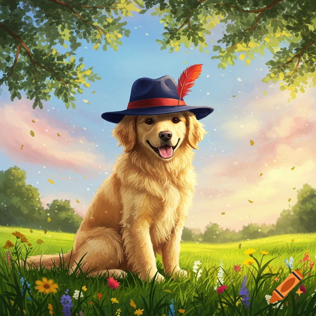 A happy golden retriever wearing a blue hat with a red feather sits in a vibrant flower field under a sunny sky in an illustrative style.