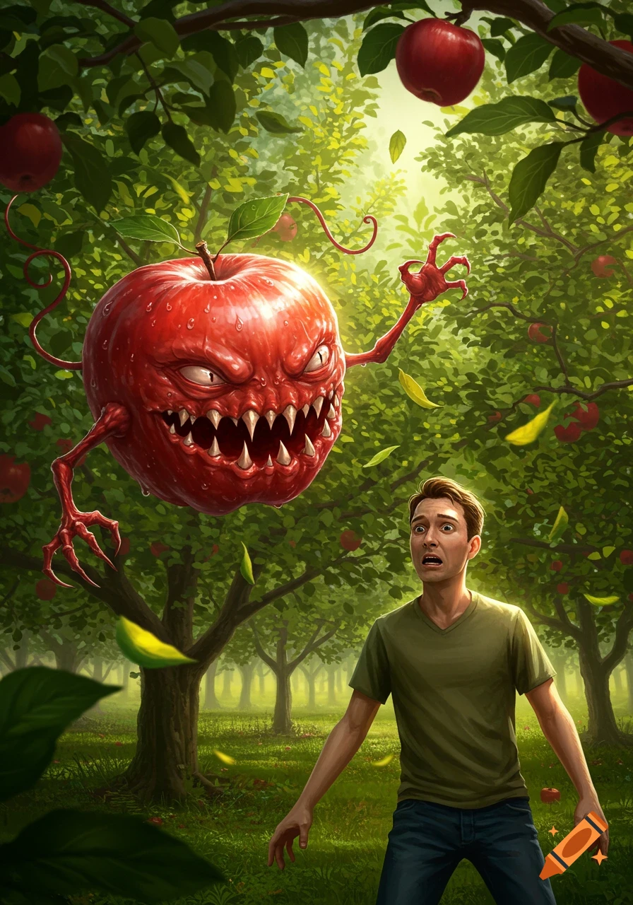 A terrified man recoils from a monstrous, fanged red apple with clawed limbs floating in a vibrant apple orchard.