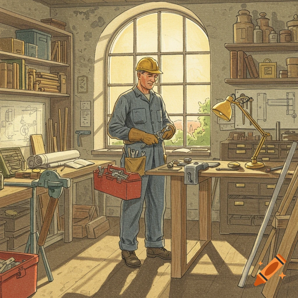 An illustration in the style of a Ladybird book showing a worker in a blue uniform and yellow hard hat inspecting a tool in a sunlit workshop.