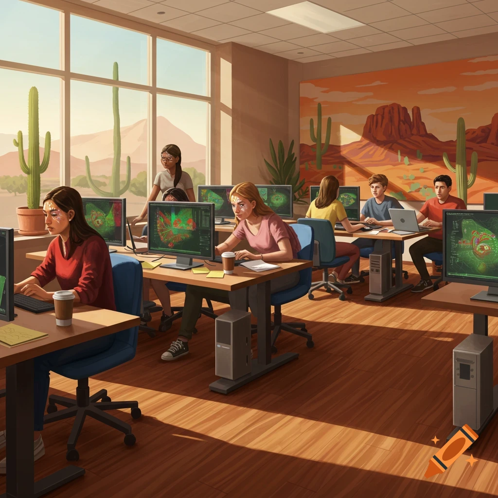 College students work on computers in a bright classroom with desert views and a mural.