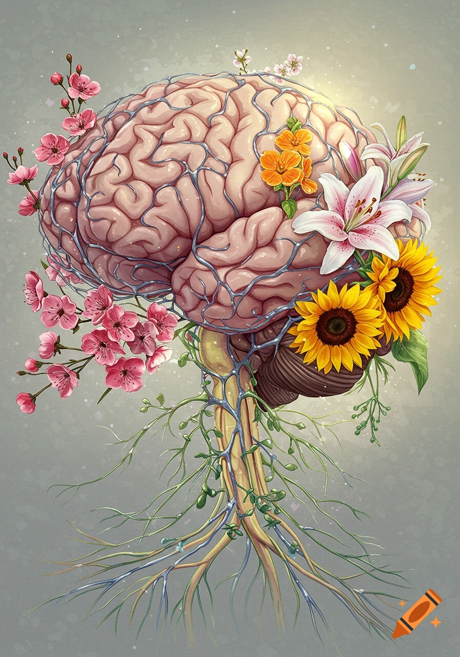 Stylized illustration of a human brain and nervous system adorned with pink cherry blossoms, white lilies, and yellow sunflowers.