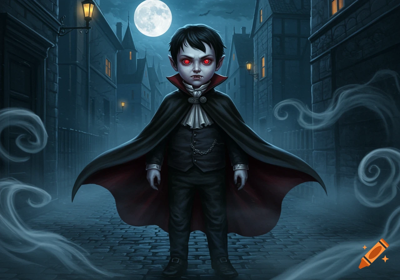 A cartoonish child vampire with red eyes and fangs stands in a dark, cobbled street under a full moon, wearing a black suit and cape.