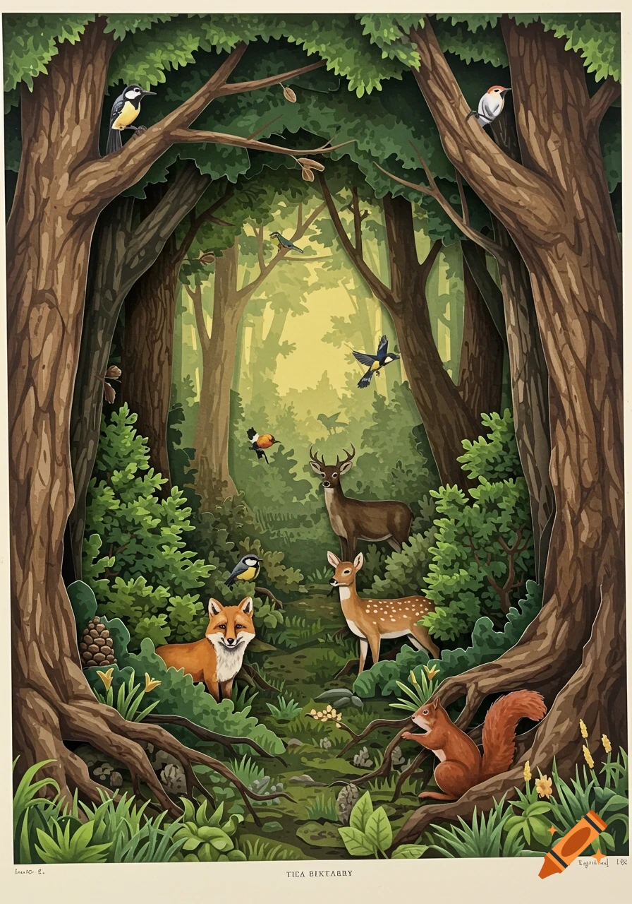 A layered paper-cut illustration of a vibrant forest scene with a fox, deer, squirrel, and various birds among trees and shrubs.