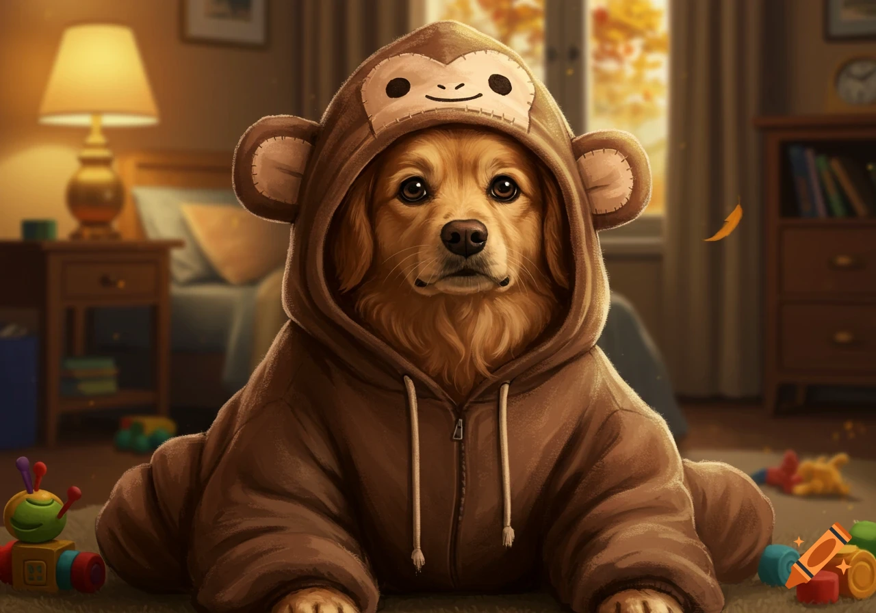 A golden retriever dog in an oversized brown monkey hoodie sits on a rug in a cozy room with toys, photorealistic.