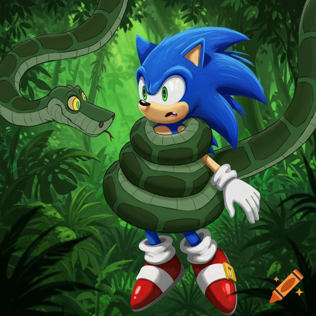 A cartoon python coils around Sonic the Hedgehog in a lush jungle. on ...