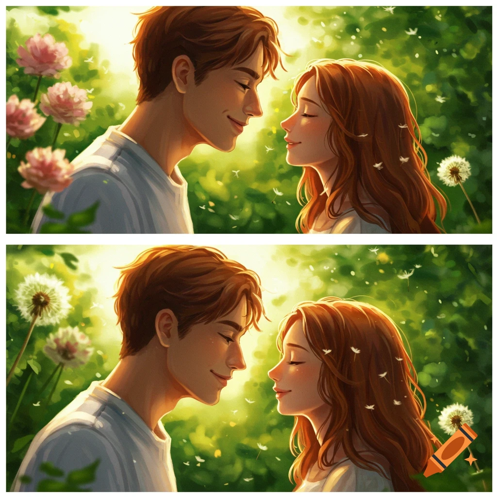 Illustrated romantic portrait of a couple in a sunny, dreamy green field with flowers, gazing at each other lovingly.