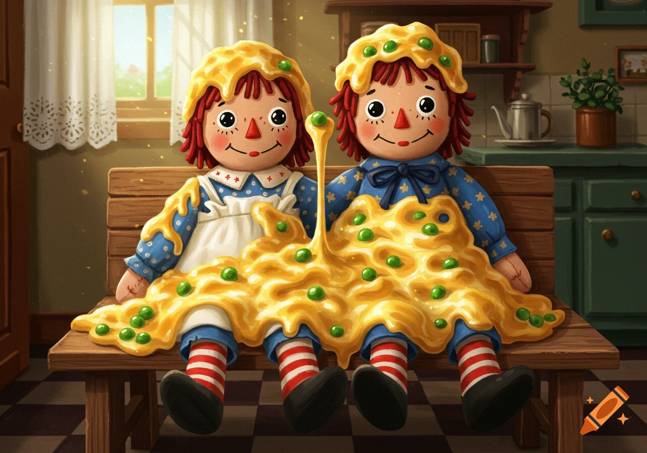 Two Raggedy Ann and Andy dolls covered in mac and cheese and peas, sitting on a wooden bench in a kitchen.
