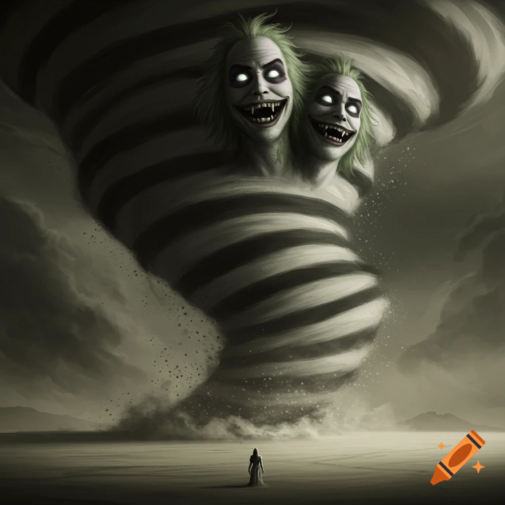 Two grinning, pale Beetlejuice-like faces with glowing eyes emerge from a striped tornado, towering over a small figure in a desolate landscape.