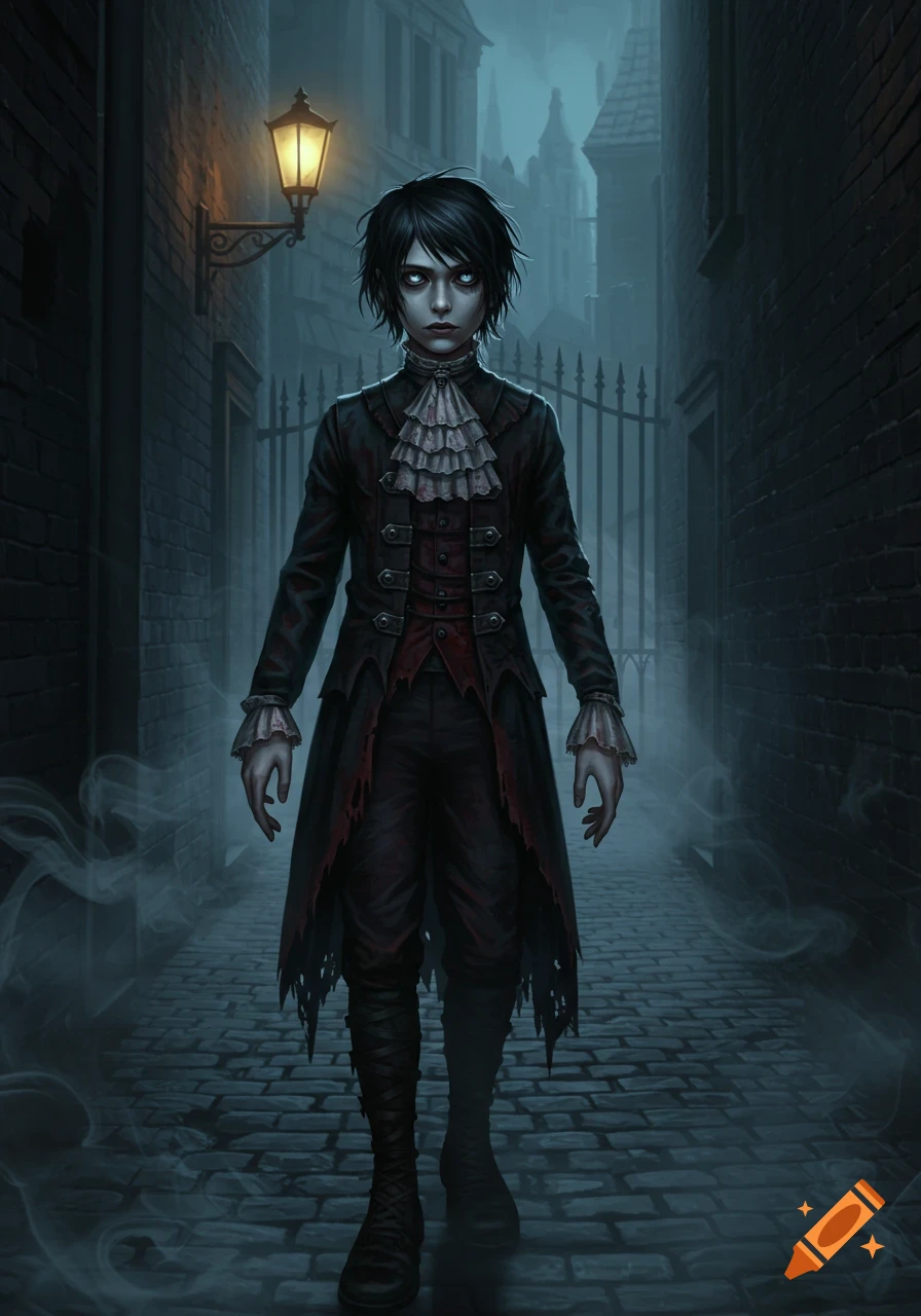 A pale, dark-haired figure with white eyes, wearing a ruffled, dark gothic coat and boots, stands in a misty, dark alley under a gas lamp.