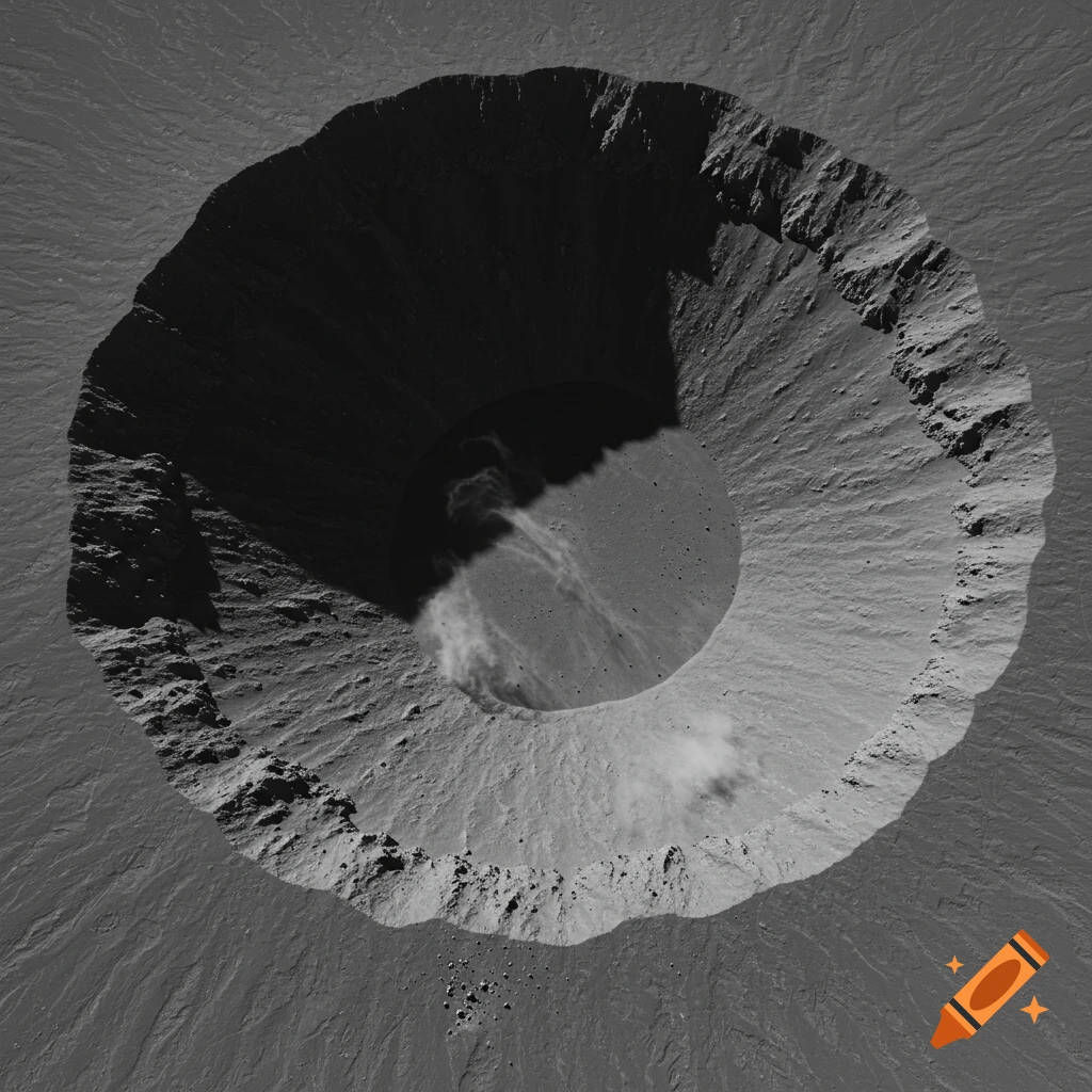 A detailed, top-down greyscale view of a large impact crater with rough, shadowed terrain.